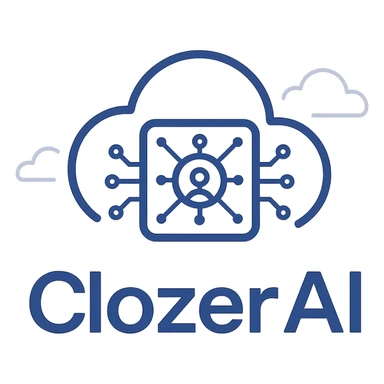 ClozerAI logo, modern tech style, clean, blue and white color scheme, minimal, suitable for AI brand sticker