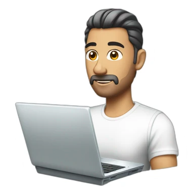 A man with a silver laptop, slick back and a white t-shirt sticker