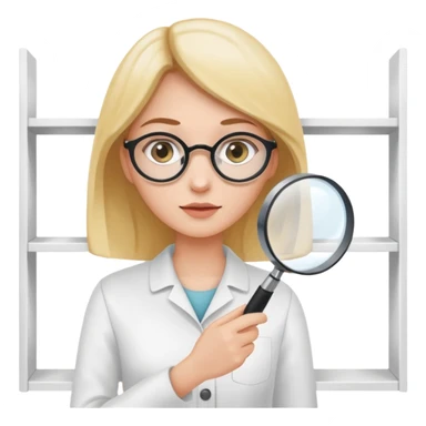 emoji of white empty shelf in perspective view with a standing woman nearby, she is looking at the shelfs with a magnifying glass sticker
