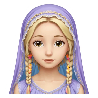 
mujer, Joven, de 25 aspecto dulce y elegante.
Piel clara, ojos grandes y expresivos, sonrisa triste.
Rubio o castaño claro, largo, con trenzas o velo.
Vestido largo cubriendole los zapatos, çde tonos suaves (blanco, azul o lavanda), con bordados dorados; toca fina cubriendo la cabeza. sticker