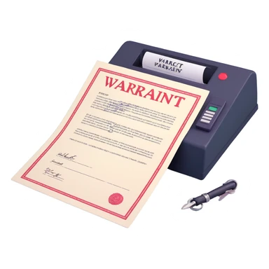 Make the paper of the 3D arrest warrant document icon more white, keeping the large 'WARRANT' at the top, body text, signature, and official stamp at the bottom. Maintain the previous 3D and icon-like style with bright lighting and transparent background. sticker