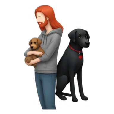 a slender man wear grey hoodie with a red beard hug a black Labrador sticker