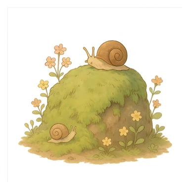 mossy rock with snails and small flowers in earthy pastel colors, ghibli style sticker