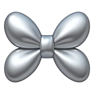 A cute bow emoji made of polished silver chrome, smooth rounded loops, glossy metallic surface, soft mirror reflections, subtle highlights, minimal and adorable proportions, iOS emoji style, centered composition, clean white background, soft studio lighting, no text, no outline, ultra high quality sticker