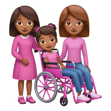 One tan skin sister standing behind her brown skin sister in a pink wheelchair sticker