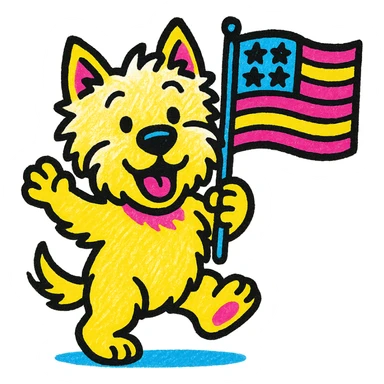 white Westie dog joyfully waving a United States flag, vibrant pop colors cartoon style sticker