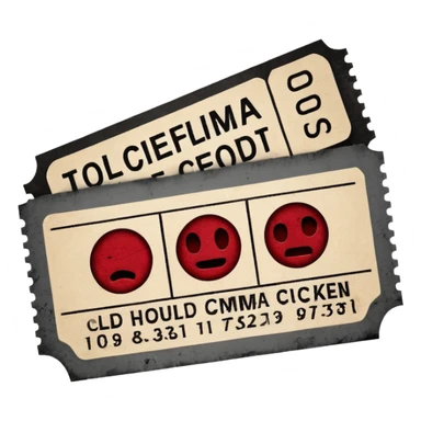 Minimalist emoji-style sticker of an old torn cinema ticket, blood-stained edges and burn holes, grayscale paper

 sticker