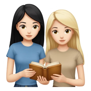 beautiful white girl with black hair in beige t-shirt and beautiful blonde girl with long hair in beige t-shirt reading beautiful vintage book sticker