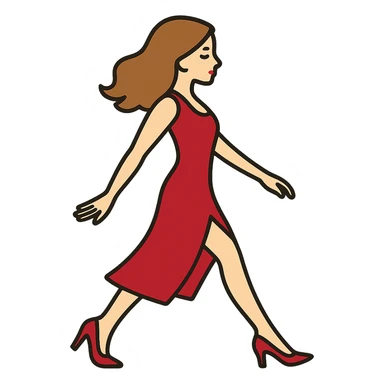 Depict the same girl from the previous reference (Screenshot_16.png) with the same appearance, hairstyle, red dress, and shoes in the style and color as before, but with the arm and leg positions as shown in the new sketch (1 (2).png). The background should be transparent. sticker