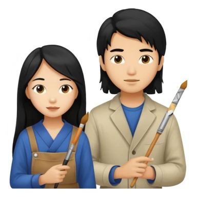 Asian boy with long hair  and girl painters sticker