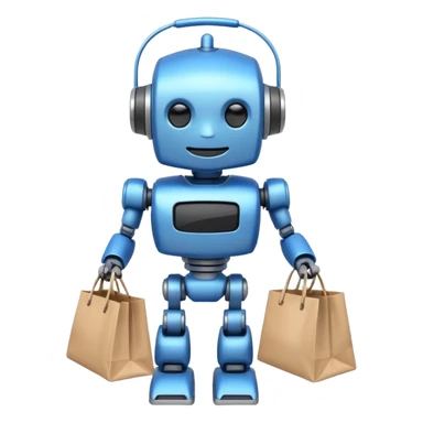 black friday robot with blue and metalic colours with bags in his hands smiling sticker