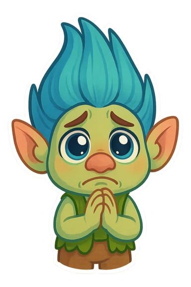 animated emoji of a troll with big eyes and a pleading gesture, looking for assistance, colorful and playful sticker