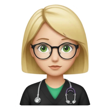 A girl in black scrubs with a blonde bob and glasses no stethoscope green eyes sticker