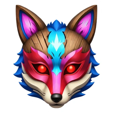 Ancient wooden mask, split in half, luminous and neon with red, blue and pink fox-like glow. sticker