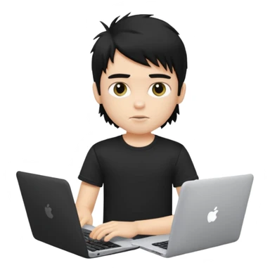 generate a pretty fair bratz boy with a messy mullet (black hair), wearing a black tshirt. Using his laptop sticker