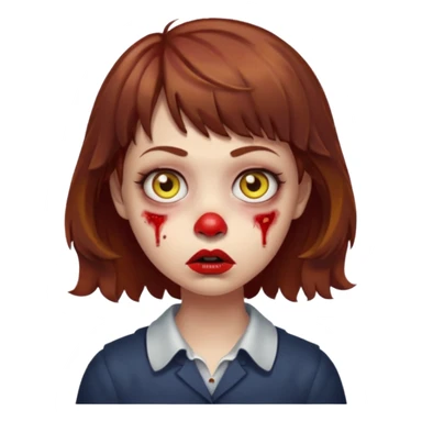 FAÇA UMA PERSONAGEM FOFA COM NARIZ DE BOLINHA AVERMELHADO CLARO E ZUMBI CABELO MARRON ONDULADO E FRANJA CURTA   COMO SE NÃO SOUBESSE OQ FEZ LÁBIOS CLAROS FECHADOS E OLHOS AMARELOS sticker