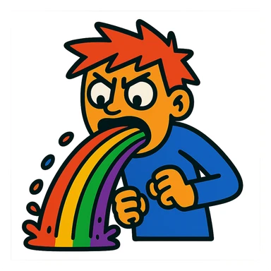 a character throwing up a rainbow, vibrant and expressive sticker