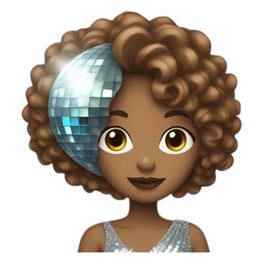 female with brown wavy hair dressed in a party dress and disco ball sticker
