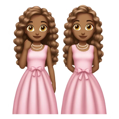 two teenage Latina twins. pink. Long hair. Pink bows. Pearls. Light pink. Diamonds dress. sticker