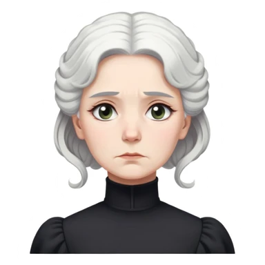 A Victorian woman with simple coiffed white hair and light eyes wearing a simple monochrome black turtleneck mourning dress with puffed sleeves looking down with a forlorn, miserable expression sticker