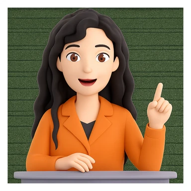 Make her hair longer, keep black wavy hair, no glasses, teaching and talking. Preserve transparent background. Maintain the original style and look of the image. sticker