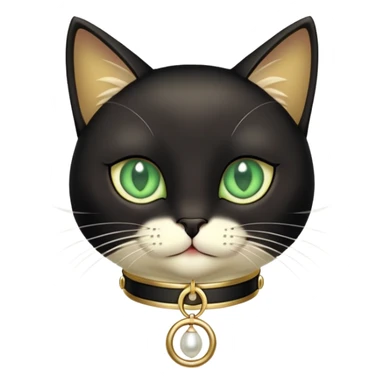 black cat with light green eyes wearing a beige collar with a small pearl pendant and gold buckle sticker