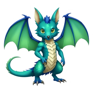 Cute cool fantasy animal hybrid bat-Sergal-Digimon-Fakemon full body, green scales, brown eyes, blue feathers sticker