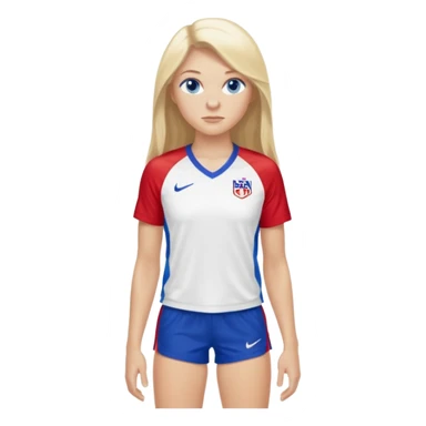 Blond long hair blue eyes tall long lashes wearing a red white and blue jersey that says USA with white shorts and Nike blazers sticker