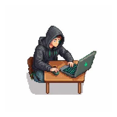 pixel art of a programmer in a dark hoodie, typing on a laptop, night setting sticker