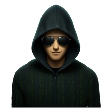 hacker in a black sweater, with a hood and wearing sunglasses, behind him is a cryptography, just like in the movie matrix sticker