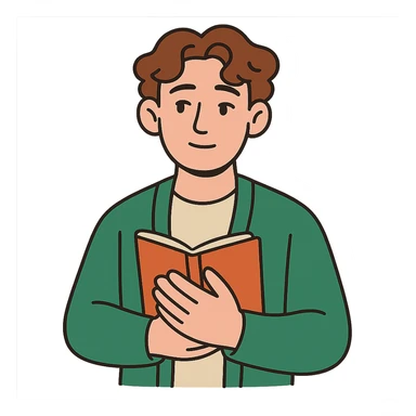 Calm and thoughtful male confidant, fair skin, soft wavy brown hair, gentle eyes, wearing a green cardigan over a light shirt, holding an open journal close to chest, waist-up, front-facing, pure background sticker