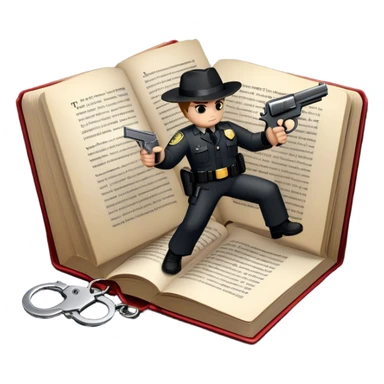 Icon for Action & Crime Reading: an open book with dramatic action scenes, surrounded by a gun, handcuffs, a badge, and a shadowy figure. The icon should evoke suspense, danger, and intrigue of crime and action stories. Transparent background. sticker