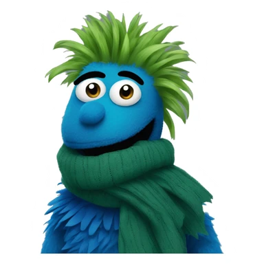 A blue muppet with very dark green spiky hair over their eyes, wearing a scarf sticker