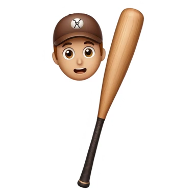 Brown wooden baseball bat character with a tiny surprised face sticker