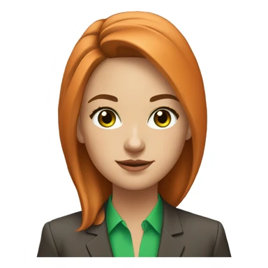 the portrait of young woman with bright green eyes, fair light skin and brown hair in orange business suit sticker