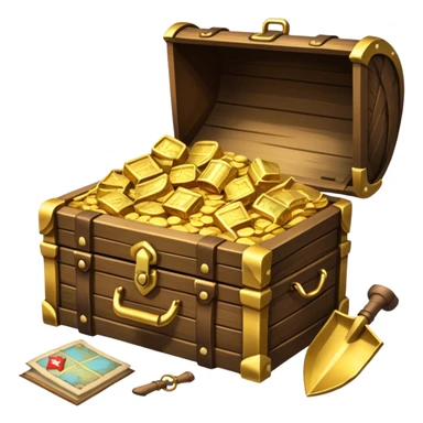 An icon showcasing a treasure chest filled with gold, a treasure map rolled up beside it, a backpack and shovel ready for the next adventure. The design captures the essence of treasure hunting, exploration, and excitement, set on a transparent background to emphasize the thrill of discovery. sticker