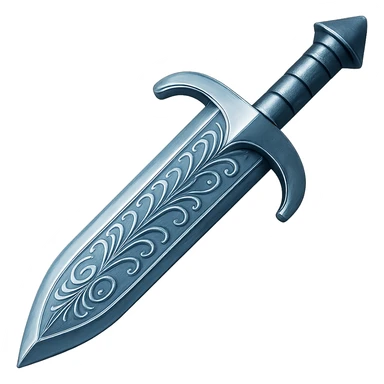 Recolor this weapon to match the blueish-gray steel color and ornate engravings of the reference helmet. Emphasize the cool metallic finish and detailed engravings, matching the helmet exactly. Transparent background. The style should reflect a cool metallic look with detailed engravings as seen in the helmet reference. sticker