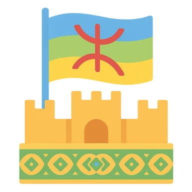 The Amazigh flag waving in the sky above a decorated Moroccan Amazigh fortress with Moroccan zellige patterns, in a modern colorful icon style, maintaining a transparent background. sticker