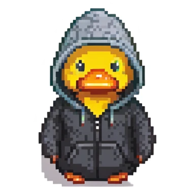 black rubber duck with tiny hoodie, hacker sticker
