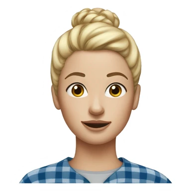 Blonde woman with freckles, blonde hair in a high bun, blue flannel, and gap in her tee sticker