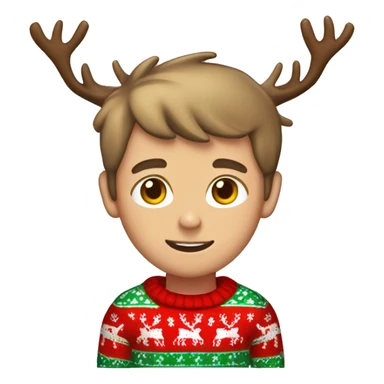light brown haired boy with christmas sweater and raindeer horns sticker