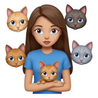 a pretty bratz dusky light skin girl with long brown hair, blue eyes with six cats nd wearing a grey tshirt sticker