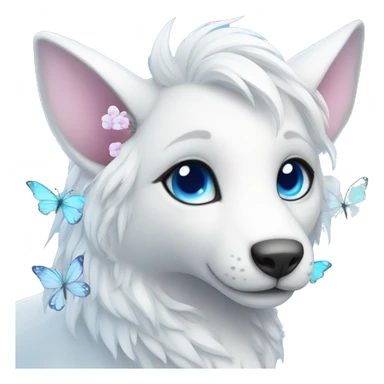 Cute gorgeous ethereal white fantasy animal with blue eyes sona with flowers and butterflies sticker