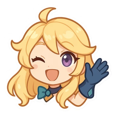 chibi style Gwen from League of Legends, only head, right eye purple, one hand waving with glove, big smile, energetic pose, yellow hair sticker
