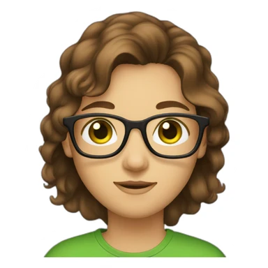 brown hair, glasses, green eyes, laptop, develoepr sticker