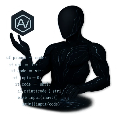 Change the AI suit to a much darker color, keeping the glowing circuits and floating cube logo, with one hand typing in mid-air, building prompts from code and logic. Keep the background transparent. The style should maintain the original look and feel of the image. sticker