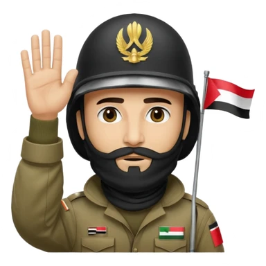 surrenders, depicts an Iraqi soldier from 1980, with a beard, in a helmet, a helmet with sign flag Iraq, with a balaclava, with sad eyes and both hands raised up sticker