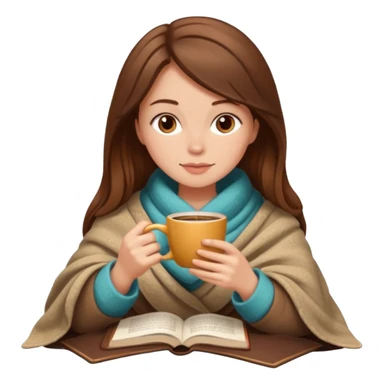 Beige Brown hair Girl drinking coffee, with a cozy blanket and book sticker