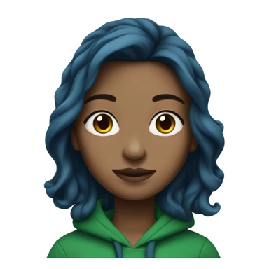 white girl with long wavy dark blue middle parted hair wearing green hoodie sticker