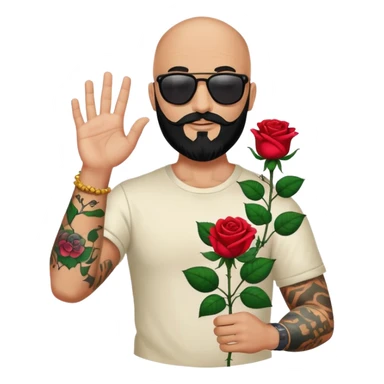  Bald man with sunglasses black beard raising hand with only one colorful roses tattoo on forearm  sticker
